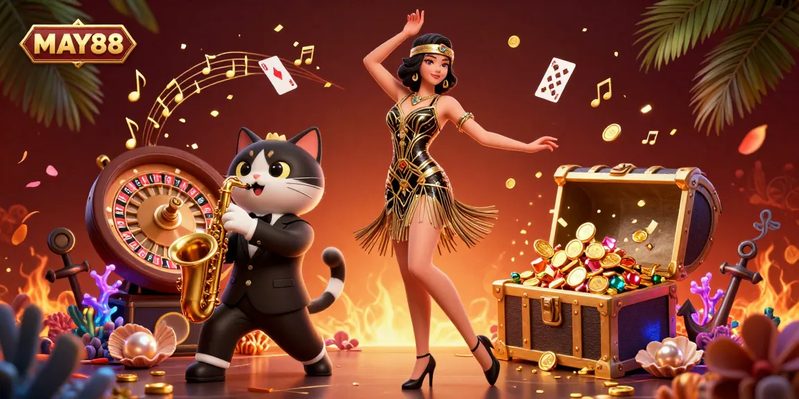MAY88 welcomes players with vibrant 3D casino illustration showcasing exciting gaming elements
