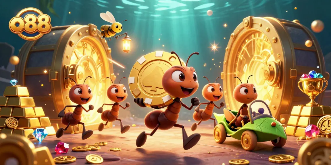 Experience the thrill of o88 as cartoon ants heist a massive poker chip amidst treasures.