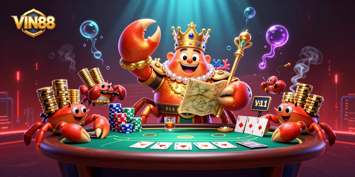 Experience the excitement at VIN88 with a golden crab emperor and vibrant casino elements.