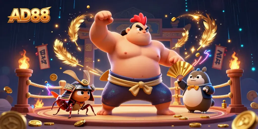 Experience thrilling gameplay with AD88, showcasing a powerful sumo wrestler in action.