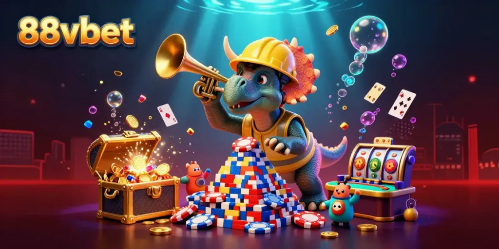 Experience 88vbet's vibrant gaming scene with lively characters celebrating amidst casino elements.