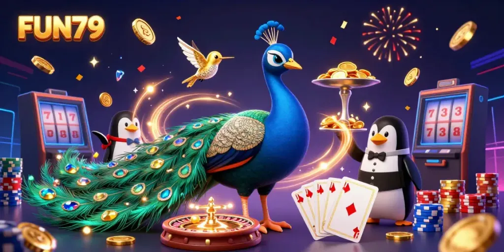 An engaging illustration showcasing FUN79 with vibrant casino elements and characters celebrating a jackpot.