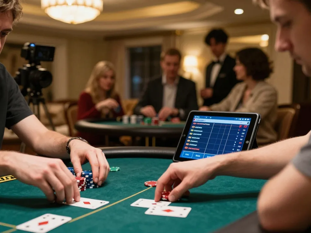 Player focused on strategy during a poker game with DA88 tablet for real-time analysis.