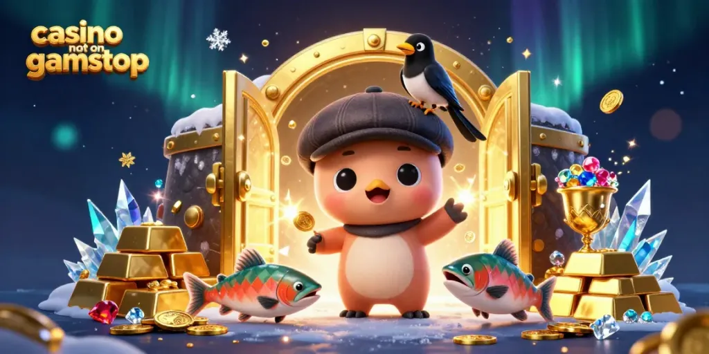 Engage with a colorful scene of a 3D cartoon baby Nessie promoting casino not on gamstop amidst treasures and gems.