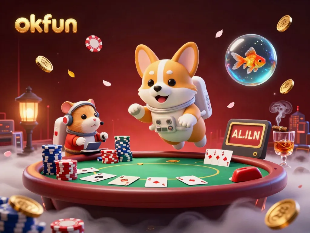 Experience the thrilling atmosphere of okfun with a floating corgi and gaming elements in a space casino.