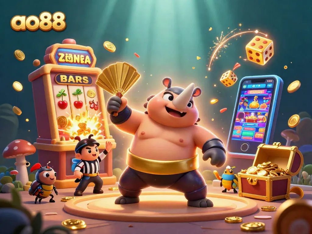 Experience the excitement of ao88 with a dynamic 3D illustration of a beetle casino scene.