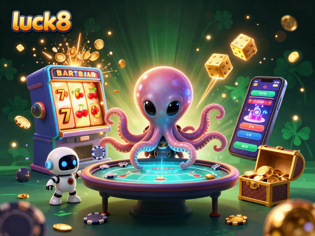 Win big with luck8 in this vibrant 3D casino scene featuring an alien octopus at a poker table.