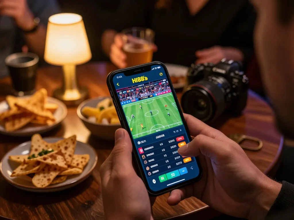 HI88 user placing bets on a smartphone, showcasing live betting excitement.