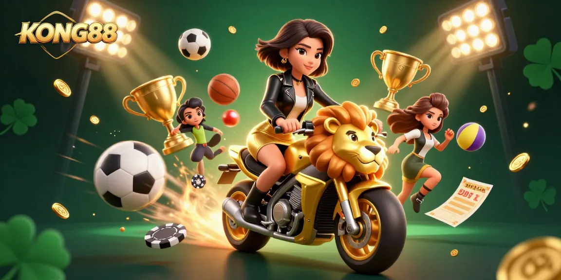 KONG88 features a glamorous Asian woman riding a golden lion mascot amidst vibrant casino elements and sports balls.