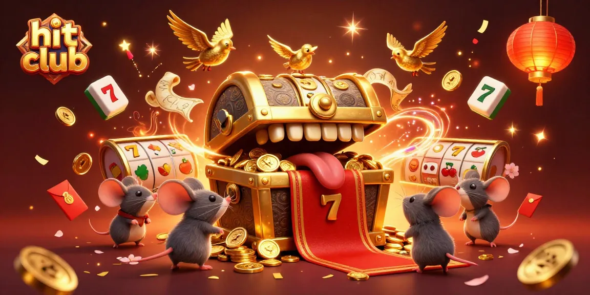 Engage in the hit club experience with a vibrant 3D illustration of winning slot reels and golden treasures.