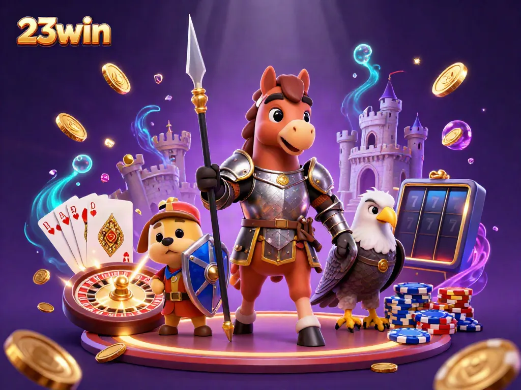 Engage in dynamic gameplay with 23win, featuring golden coins, royal flush cards, and vibrant poker chips!