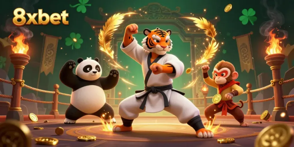 Engage in thrilling games with 8xbet while a tiger master trains a panda and a monkey steals the show.