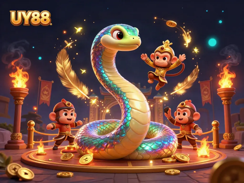 Explore thrilling betting scenes at UY88 with a rainbow serpent and monkey king in vibrant colors.
