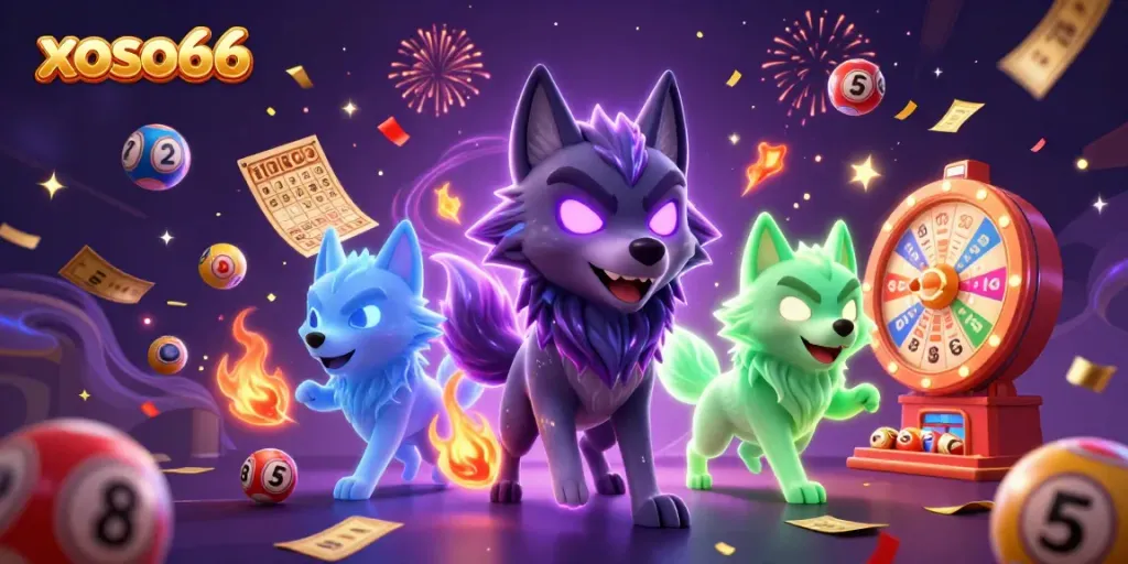 Experience excitement with the xoso66 dynamic lottery scene featuring mystical wolves and vibrant game elements.