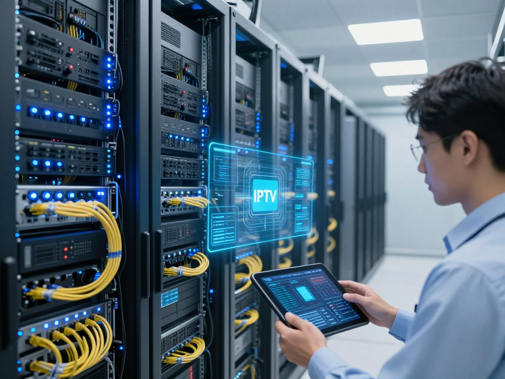 IPTV panel setup in a modern data center with illuminated servers and advanced cloud technology.