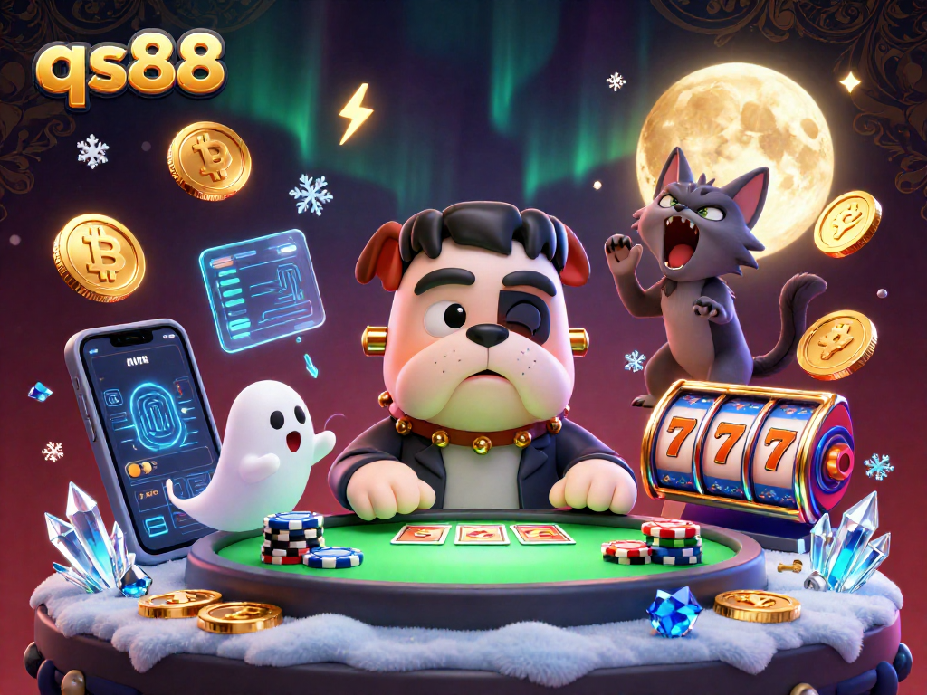 qs88's lively scene showcases a Frankenstein bulldog dealing cards amidst crypto elements, capturing casino excitement