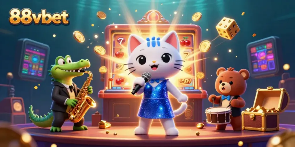 88vbet-themed casino scene showing animated animals celebrating a jackpot win with vibrant game elements.