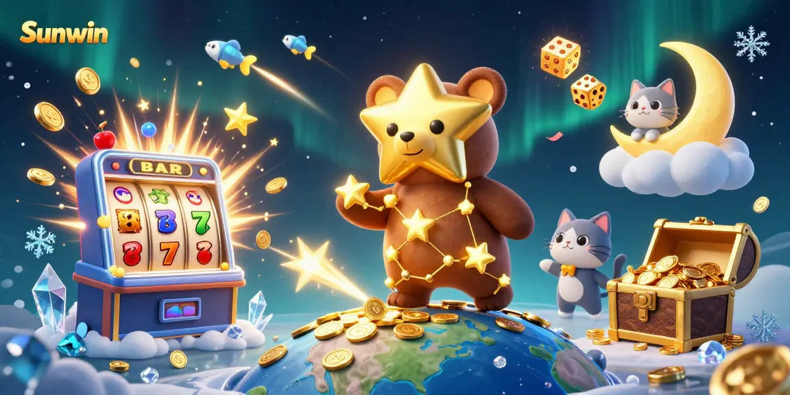 Experience the excitement of Sunwin with a captivating 3D illustration featuring vibrant casino elements and gaming characters.