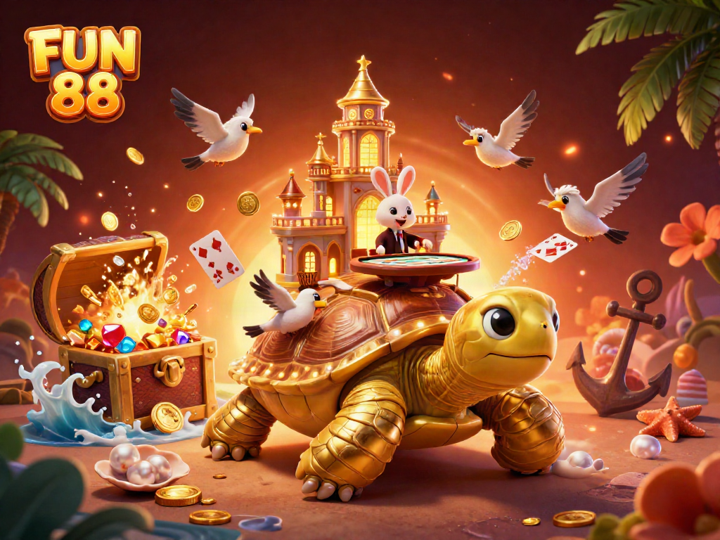 Experience the excitement of FUN 88 with a vibrant illustration featuring a golden tortoise and casino elements.