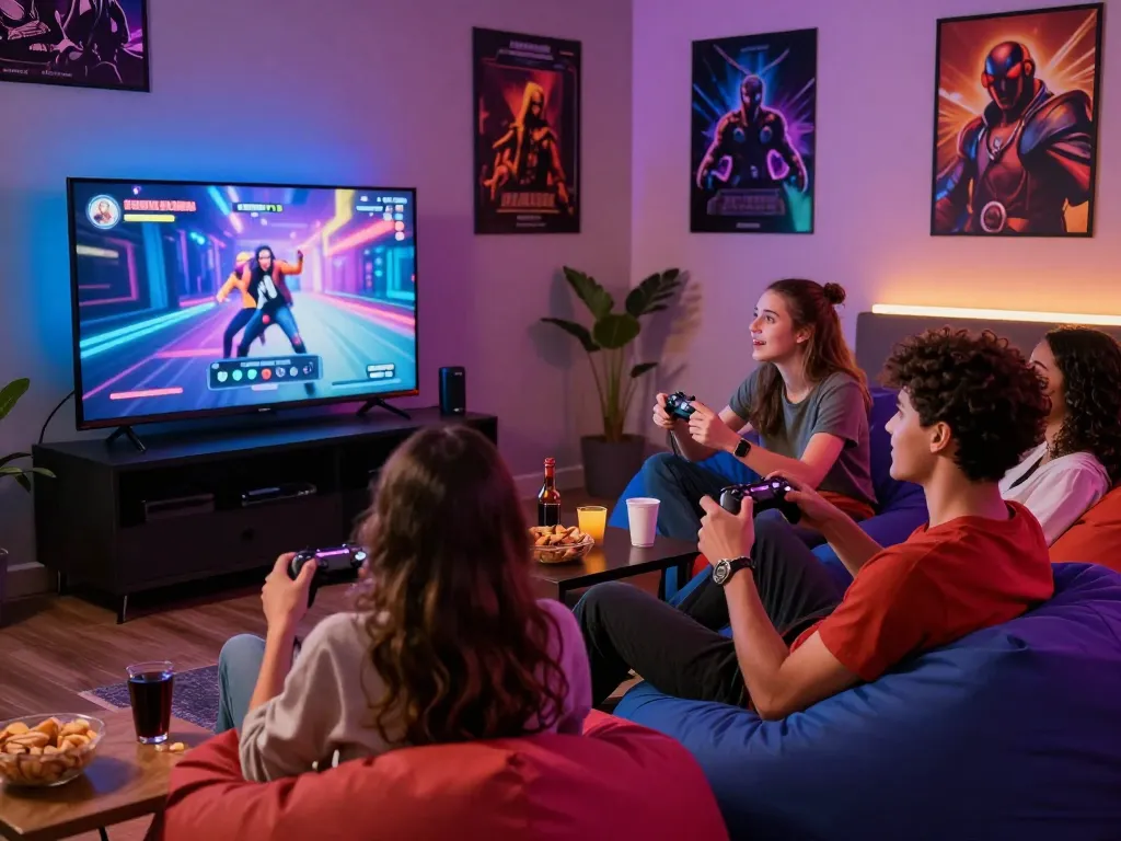 Friends enjoying a porn game together in an inviting gaming lounge atmosphere