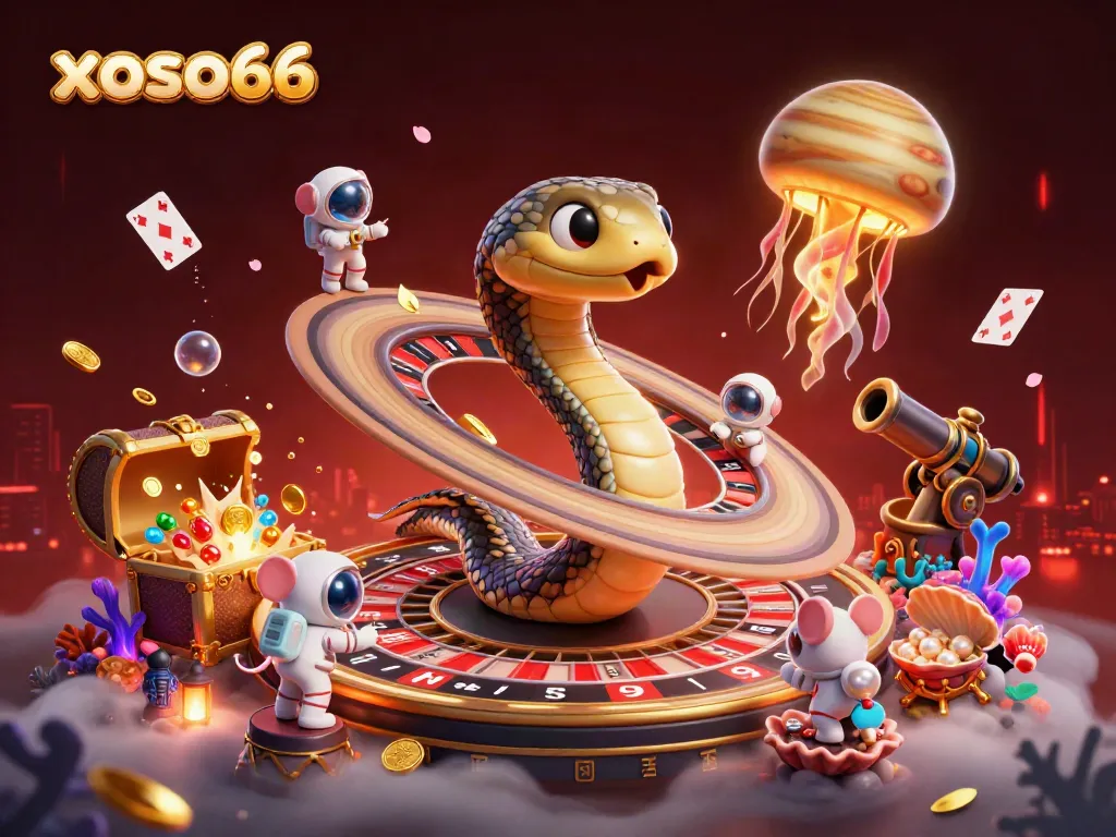 Engage in thrilling bets with xoso66 in a cosmic casino scene featuring playful characters and rich details.