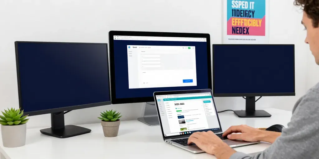 Digital marketer analyzing instant indexing metrics in a modern tech workspace.
