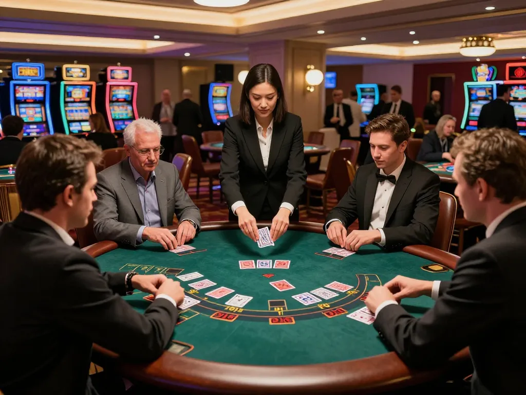 Players strategizing at a blackjack table in a luxury casino, showcasing immersive gaming and excitement of bu88.