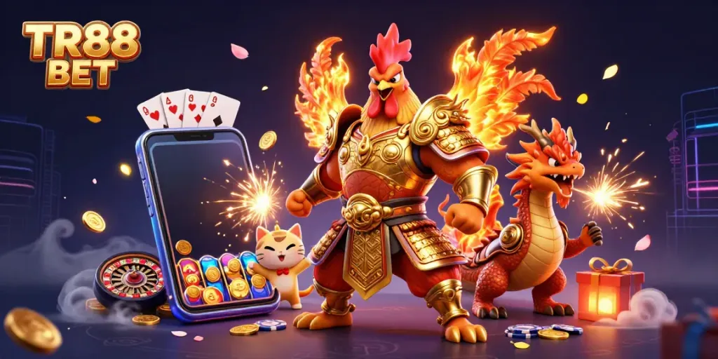 Engage with TR88 BET through a thrilling casino adventure featuring a warrior rooster and dragon in a dynamic 3D cartoon scene.