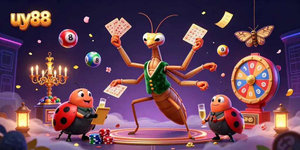 Experience the excitement of uy88 with a vibrant dynamic scene featuring a 3D cartoon mantis card sharp and a ladybug pit boss.