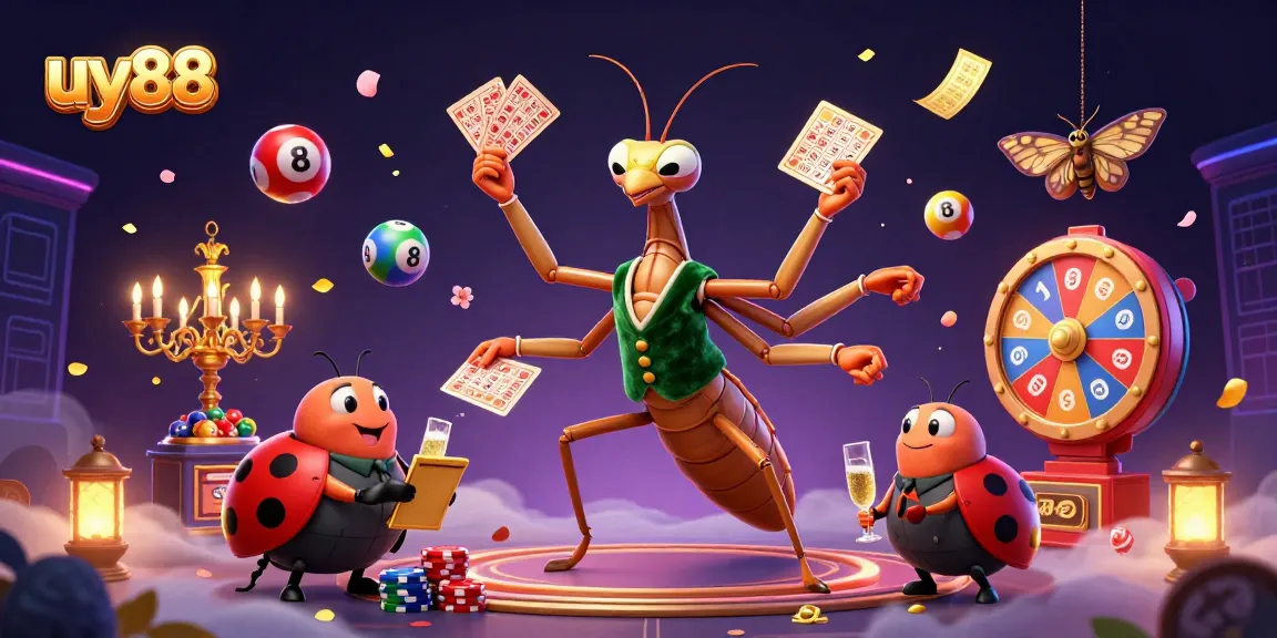 Experience the excitement of uy88 with a vibrant dynamic scene featuring a 3D cartoon mantis card sharp and a ladybug pit boss.