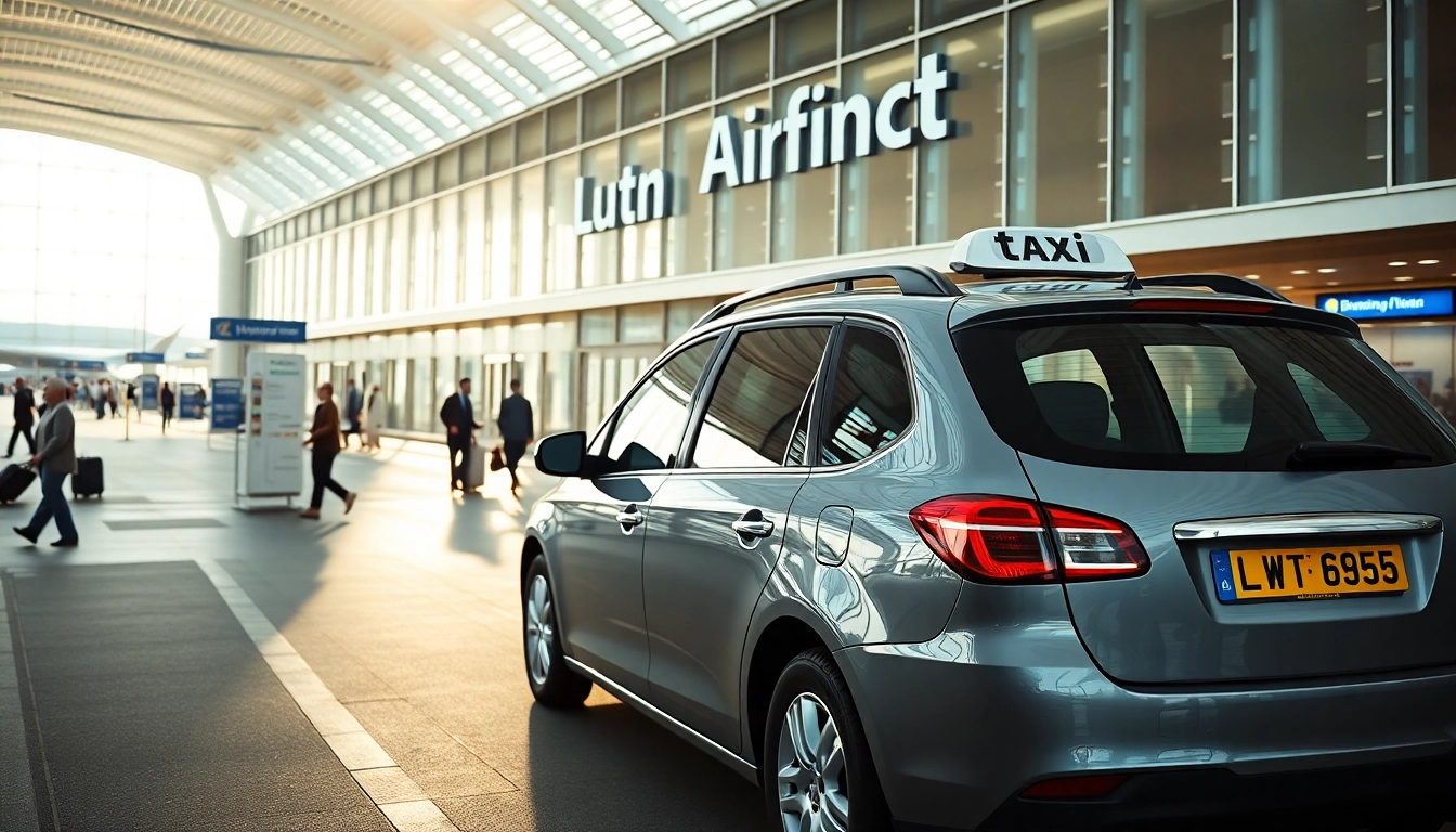 Taxis waiting at Luton airport terminal for efficient passenger transportation.