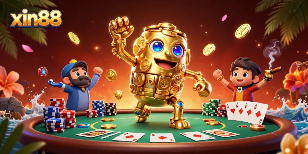 Experience dynamic gaming with xin88 as a golden golem presides over a lively poker scene.