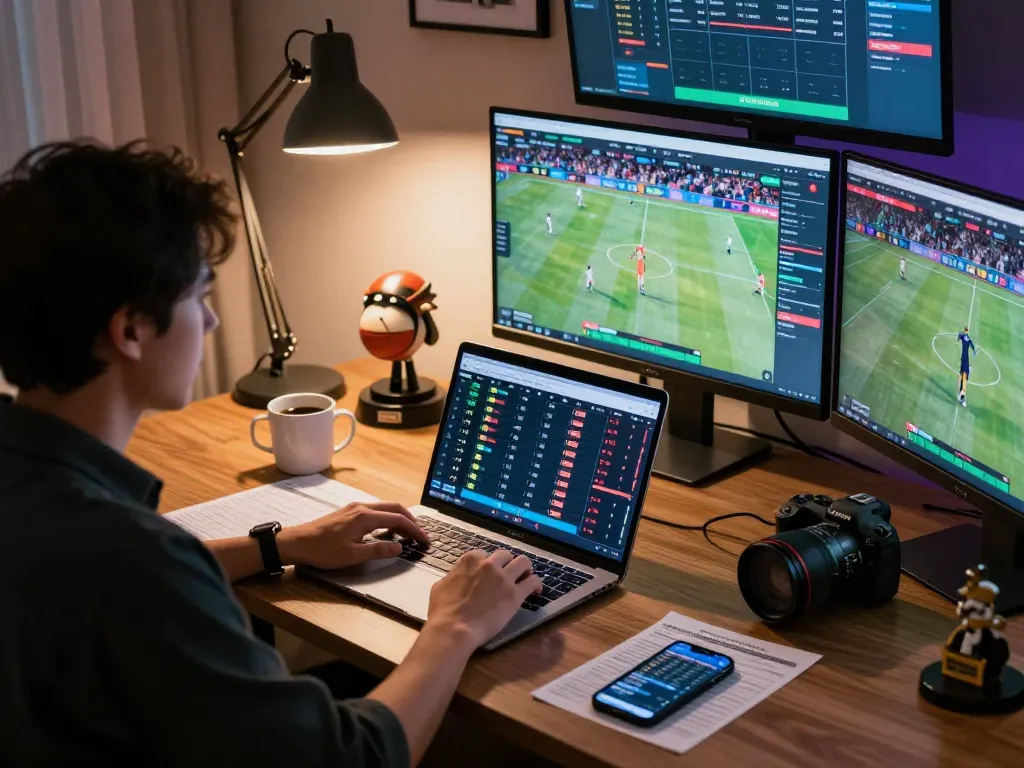 Engaged user placing bets with ok8386 on multiple screens during online sports betting session