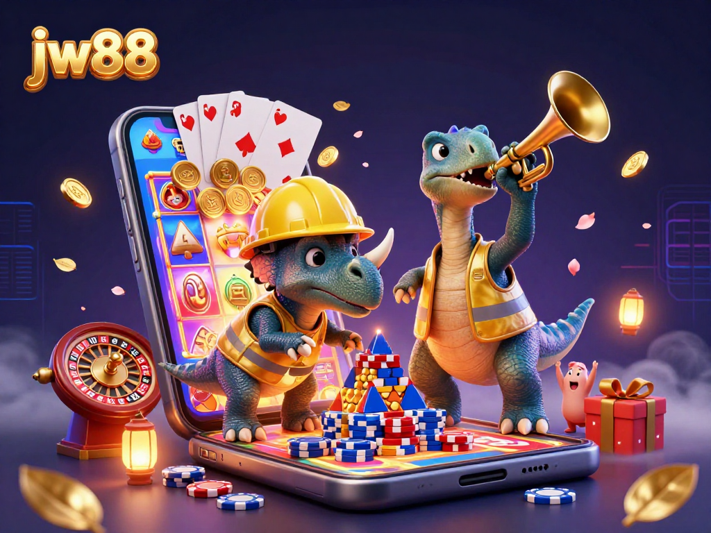 jw88 brings excitement with vibrant 3D cartoon scene featuring a cheerful triceratops and celebration elements.