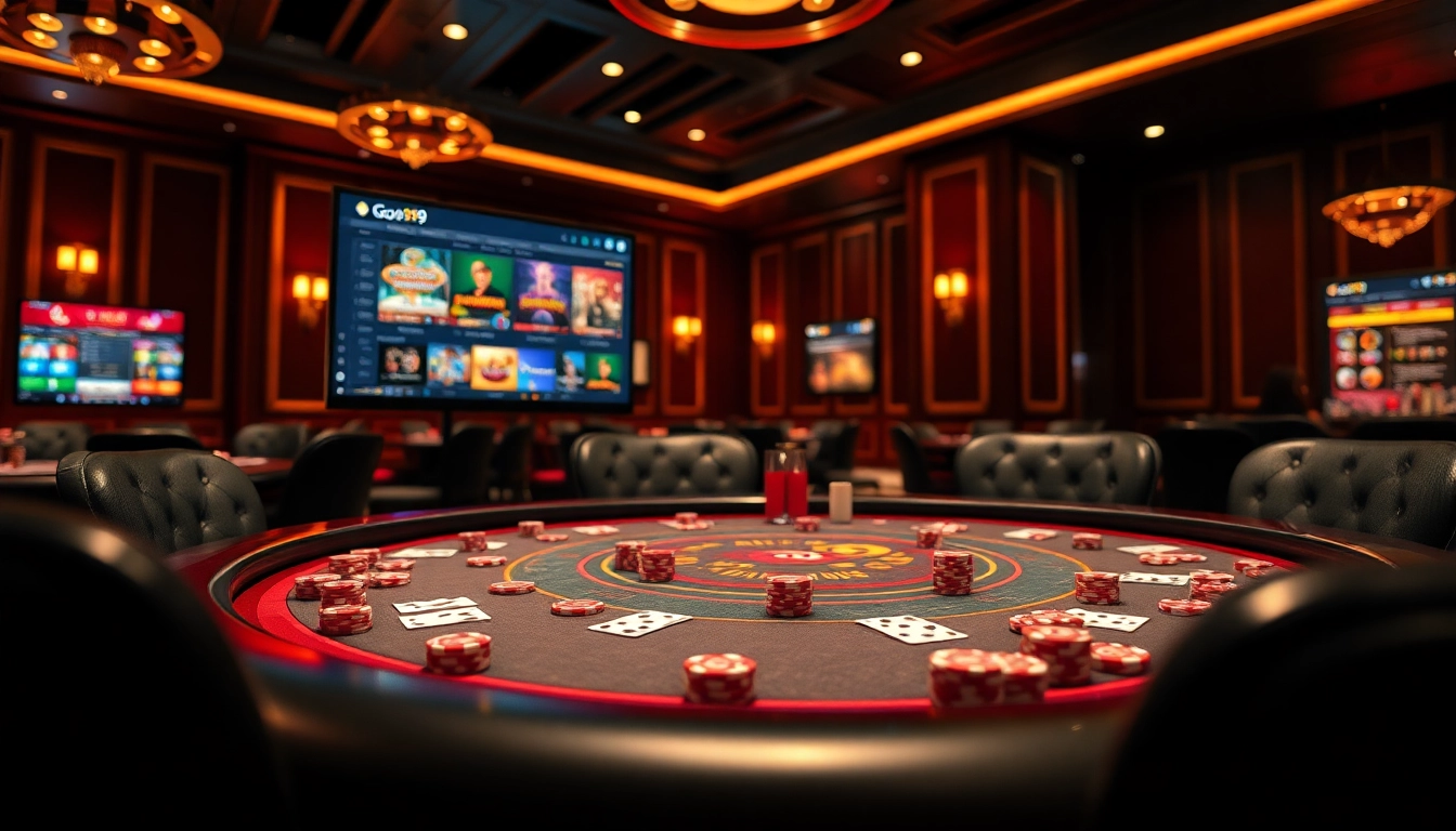 Experience the thrill of Go99 with vibrant poker chips and cards at a luxurious online casino.