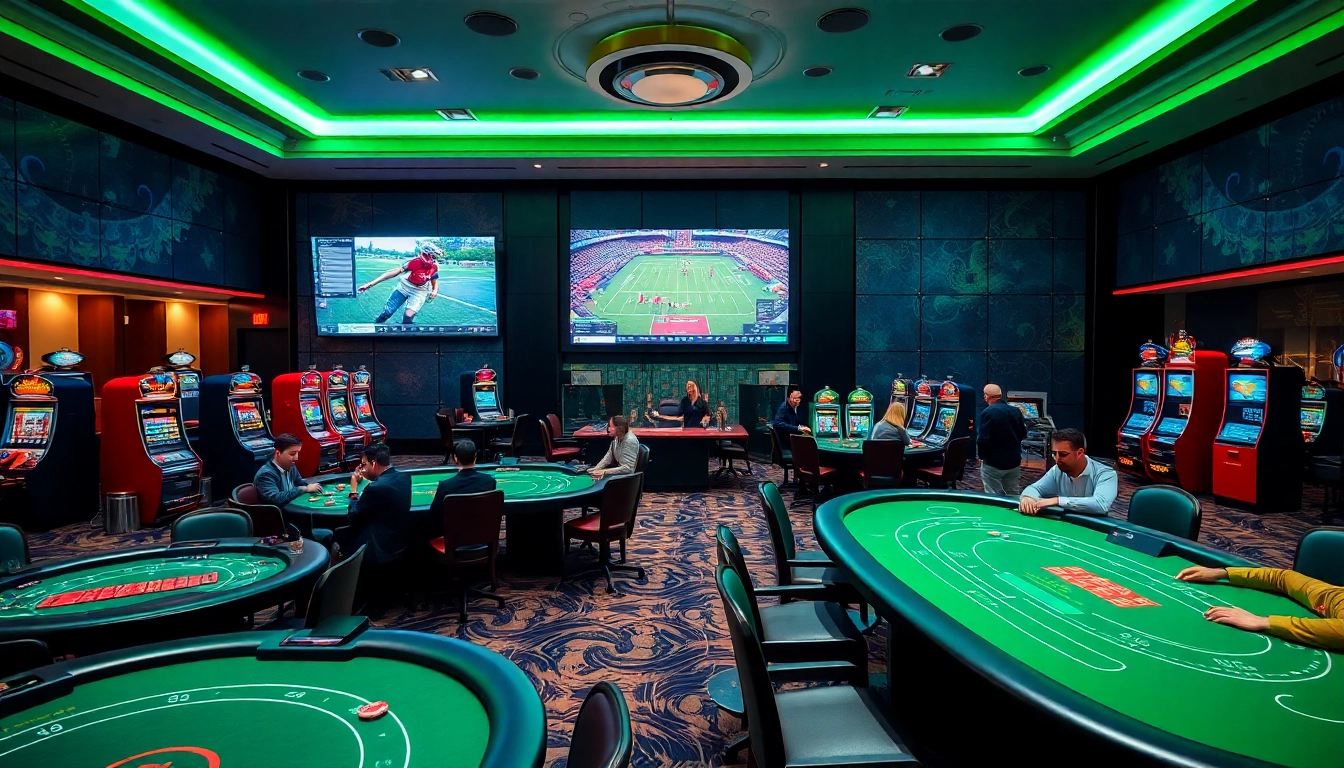 Experience the excitement of W88.nyc, showcasing an engaging casino scene with vibrant gaming tables and live sports.