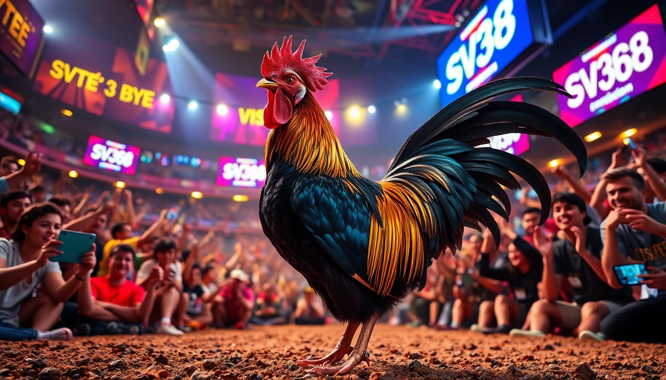 Exciting live cockfighting match at SV368, featuring roosters and enthusiastic fans, emphasizing sv368win.live.