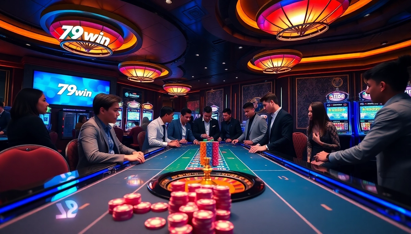 Exciting gaming scene at 79win casino with poker chips and a roulette wheel.