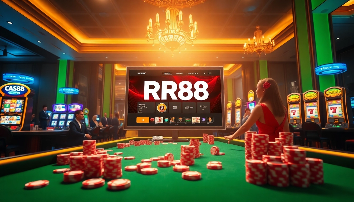 Experience the thrill of the RR88 game in a vibrant casino scene with engaging players and sleek digital interfaces.