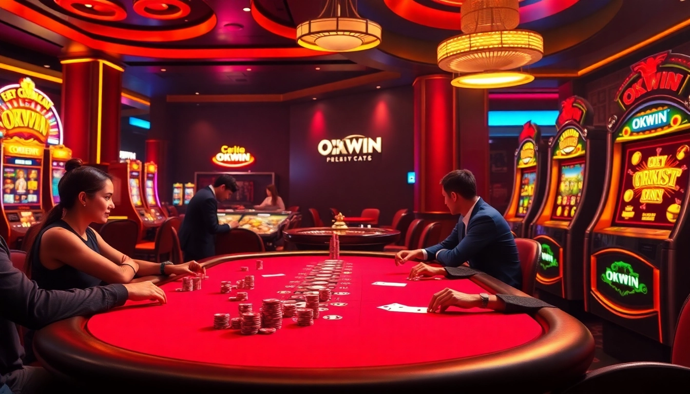 Players engaging in strategic gameplay at an OKWIN casino poker table with vibrant chips and cards.