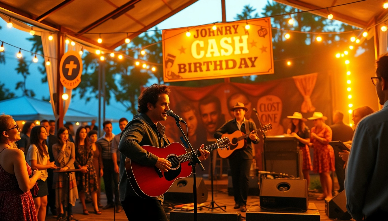 Johnnie Cash birthday celebration at johnnycashbirthday.com with live music and vintage decor.