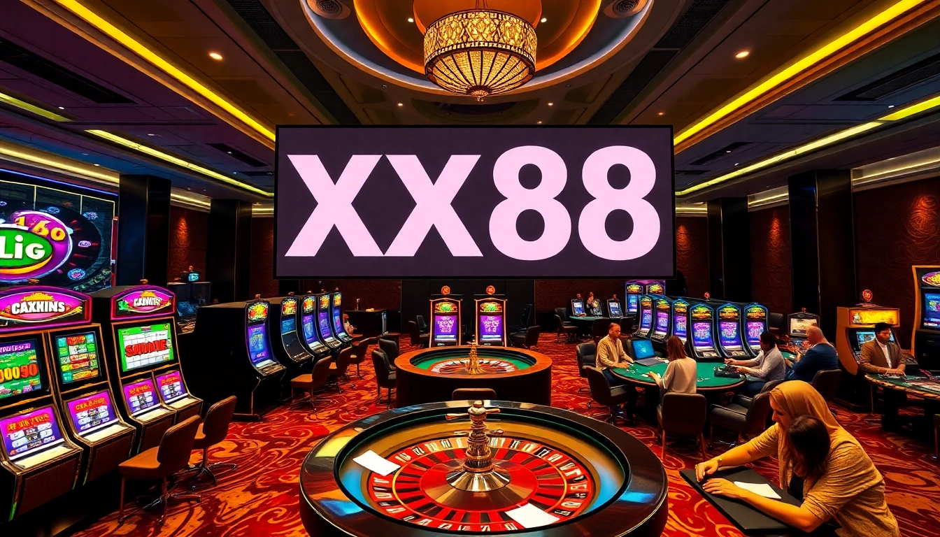 Experience the thrill of XX88 at a vibrant casino with slot machines and poker tables.