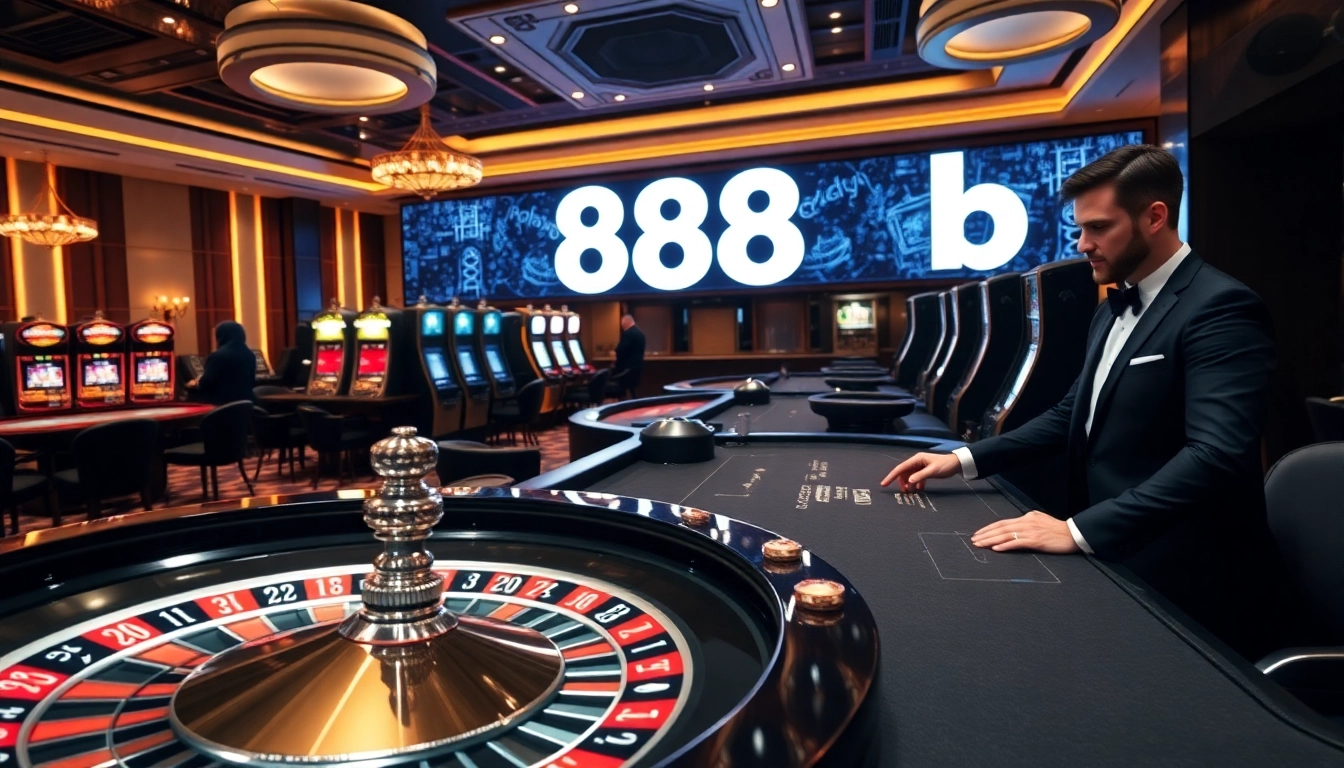 Experience thrilling gameplay at 888b with elegant casino tables, vibrant slot machines, and professional dealers.
