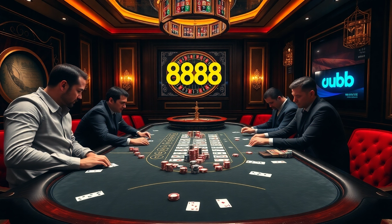 Engage in thrilling poker dynamics showcasing 888b at an elegant casino table.