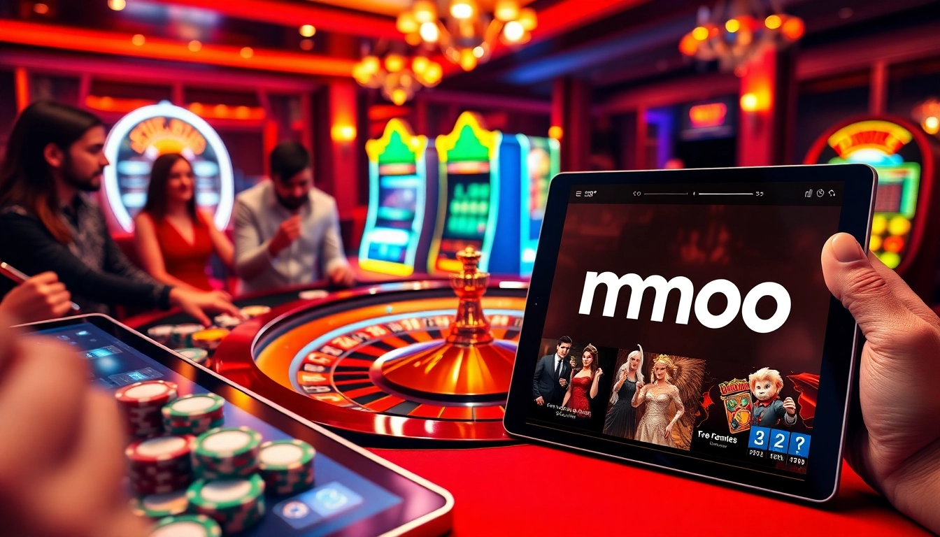 Engaged players enjoying a thrilling mmoo casino experience with high-tech slot machines.
