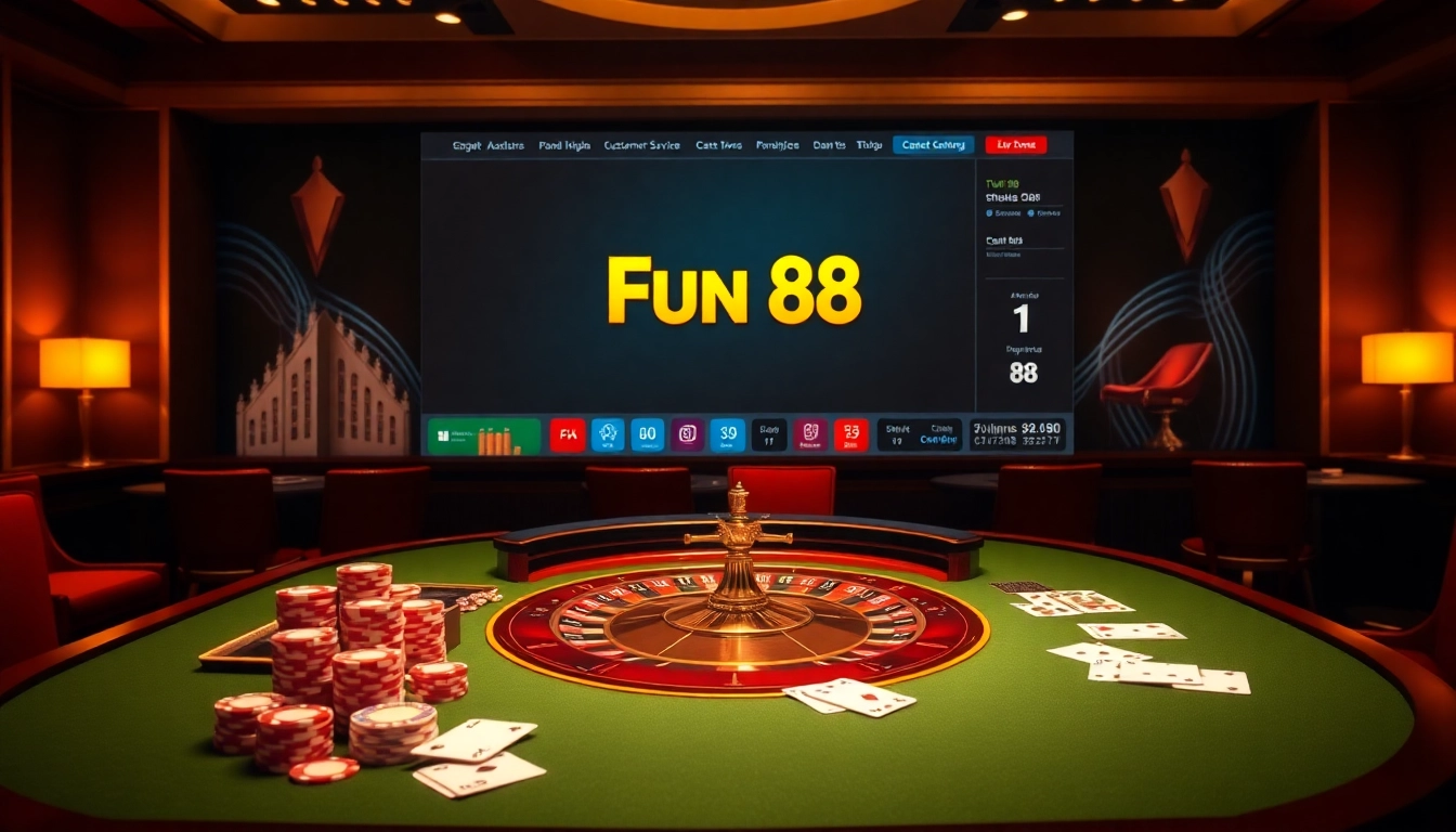 Experience luxury at Fun 88's casino table with poker chips and cards ready for exciting gameplay.