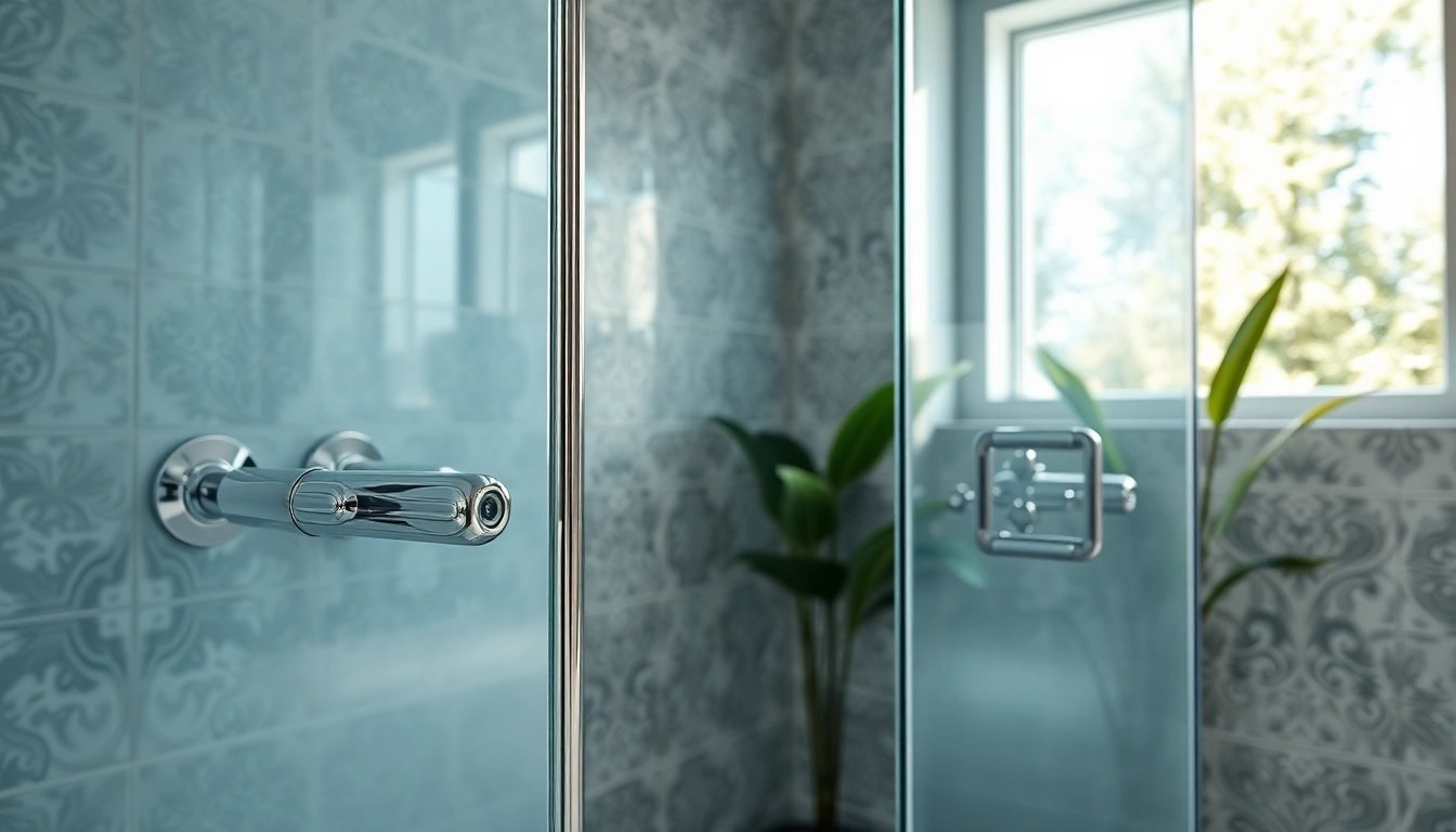 Stylish glass shower doors reflecting light in a modern bathroom design.