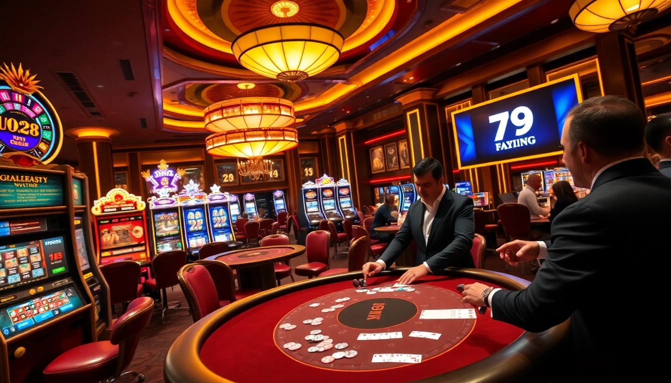Exciting poker game at 79KING casino with vibrant roulette and luxurious atmosphere.