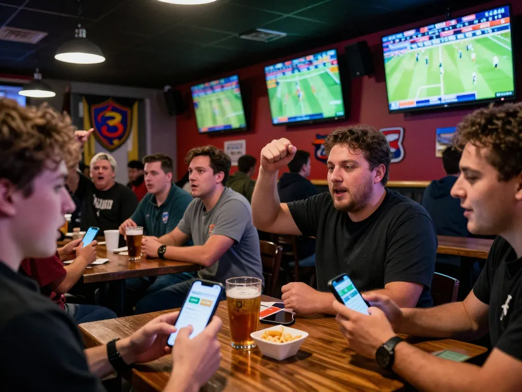 Engaged bettors analyzing tỷ lệ kèo nhà cái on their mobile devices in a lively sports bar environment.