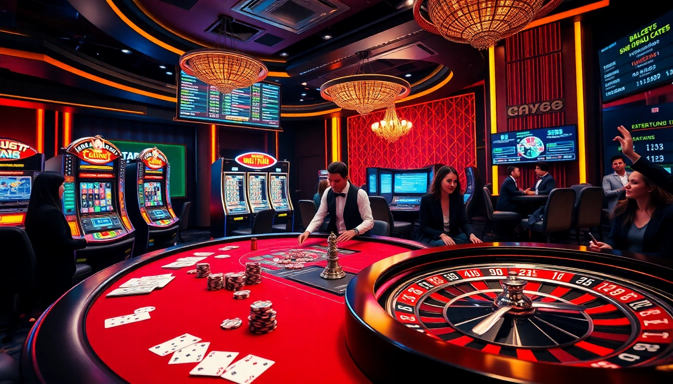 A dynamic scene of gamblers enjoying AF88 online casino games with poker chips and slot machines.